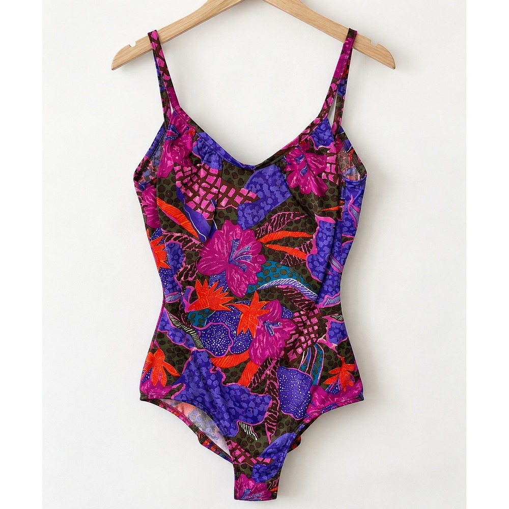 Jantzen One Piece Swimsuit Womens 14 Purple Floral Leopard Print Vtg Made In USA